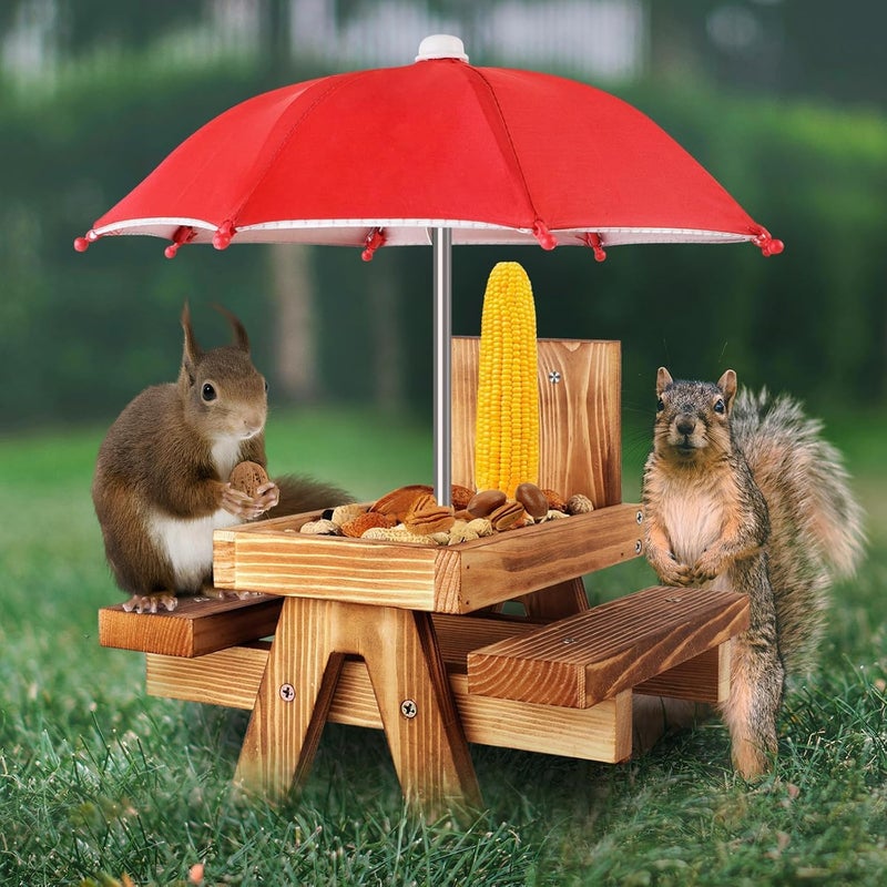 Gnodry Gnodary Squirrel Feeder with Umbrella, Squirrel Feeders for Outside, Squirrel Picnic Table Feeder - Chipmunk Feeder Hold Corn, Corn Cob, Peanuts (Bright-Red) - Image 1